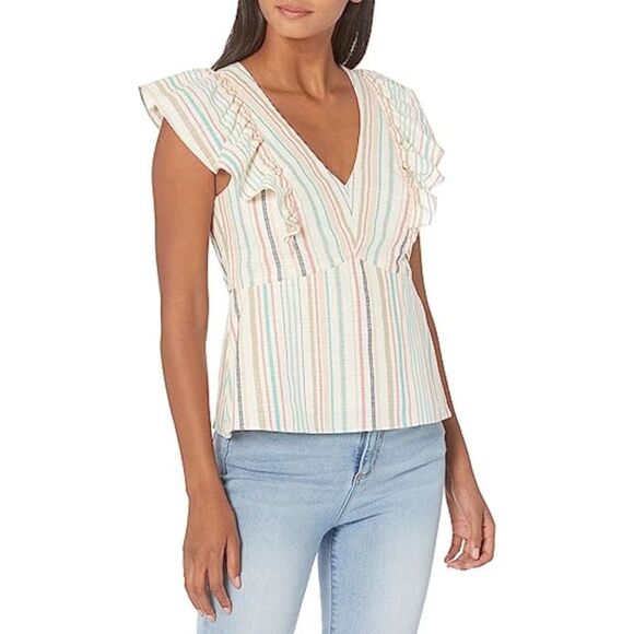 PARKER Tops - PARKER Womens Beige Ruffled Lined Zippered Pullover Cap Sleeve V Neck Top XS